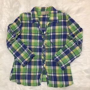 Fiorlini Women’s Blue Green Plaid Shirred LaceUp Long Sleeve Collared Shirt